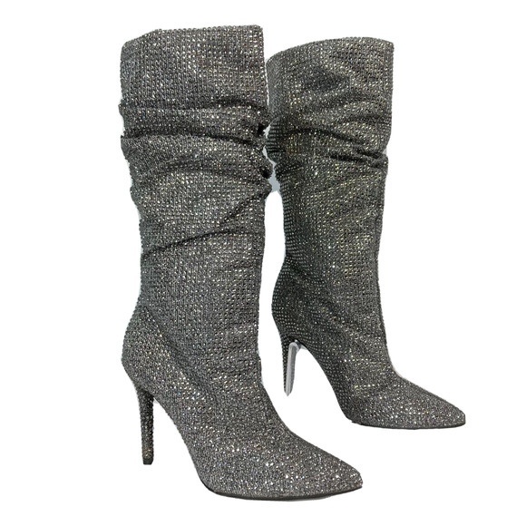 Jessica Simpson Boots Womens Sz 6.5 Silver Rhinestone Stiletto Scrunch‎ Layzer - Picture 1 of 10